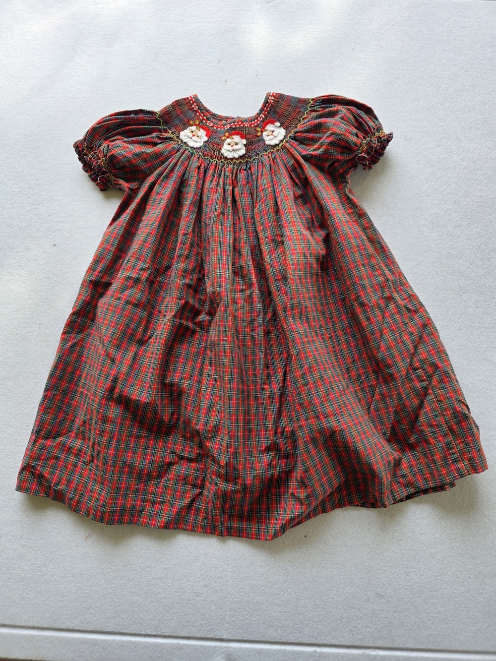 Girls' Mom & Me Red Plaid Smocked Cotton Holiday Dress with Santa Yoke